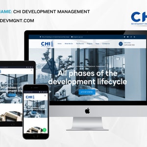 May include: A website screenshot showing the homepage of CHI Development Management. The website features a modern design with a blue and white color scheme. The text "All phases of the development lifecycle" is displayed in large, bold font. The website also includes a call to action button that says "Let's Get Started."