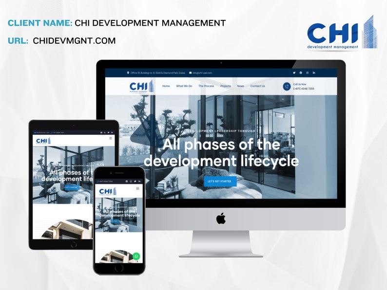 May include: A website screenshot showing the homepage of CHI Development Management. The website features a modern design with a blue and white color scheme. The text "All phases of the development lifecycle" is displayed in large, bold font. The website also includes a call to action button that says "Let's Get Started."