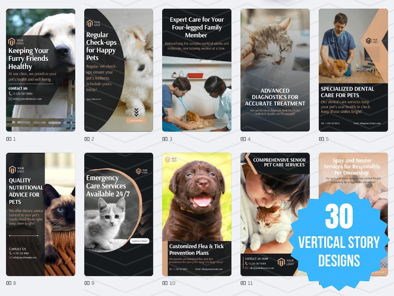 81 x Social Media Templates WITH REAL CONTENT + HASHTAGS for Charities | Instagram Posts and Carousel Template Designs for Vet Clinics
