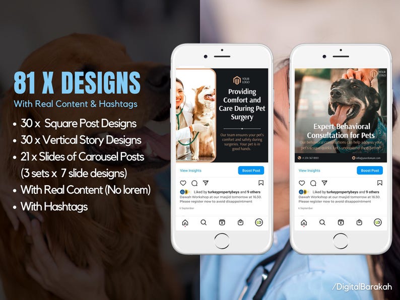 81 x Social Media Templates WITH REAL CONTENT + HASHTAGS for Charities | Instagram Posts and Carousel Template Designs for Vet Clinics
