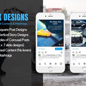 May include: A mockup of two smartphone screens displaying social media posts for a car wash business. The text on the screens reads "The Shine That Lasts!" and "Quality You Can See, Cleanliness You Can Feel!" The posts include a call to action to "Contact Now!" and a link to a workshop at a local mosque.