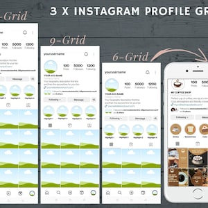 May include: A visual guide showing three different Instagram grid layouts for a profile. The layouts are 12-grid, 9-grid, and 6-grid. Each layout shows a sample profile with a username, post count, follower count, and following count. The 12-grid layout features a green and blue landscape design. The 9-grid layout features a similar landscape design. The 6-grid layout features a coffee shop theme with a brown and white color scheme.