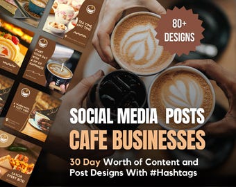 May include: A collection of social media post designs for cafe businesses. The designs feature images of coffee, pastries, and other cafe-related items. The text on the designs includes phrases like "Start your day with a sip of happiness" and "Savor every bite!" There are over 80 designs included in this package.