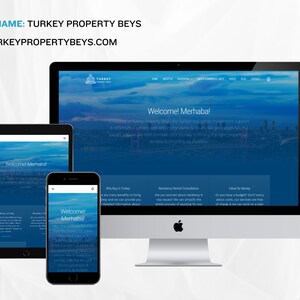 May include: A website screenshot showing the homepage of Turkey Property Beys, a real estate company specializing in Turkish properties. The website features a blue and white color scheme with a cityscape background. The text "Welcome! Merhaba!" is displayed in a large font size. The website also includes information about the company's services, such as residency permit consultation and value for money.