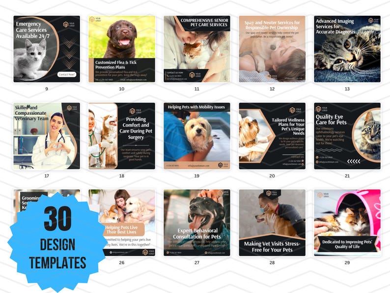 81 x Social Media Templates WITH REAL CONTENT + HASHTAGS for Charities | Instagram Posts and Carousel Template Designs for Vet Clinics