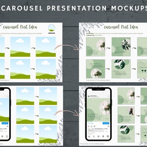 May include: Mockup of an Instagram carousel post presentation with a green and white color scheme. The presentation shows a series of images with text about living a minimalist lifestyle. The text includes the phrases "Living a Minimalist Lifestyle", "Eliminate the Unnecessary", "3 Experiences", "Want More Tips?", and "Join Let's Go".
