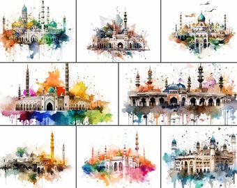 8 x AI Generated Islamic Art Patterns / Mosque Clipart in PNG Format | AI Generated Islamic Art | Watercolour Islamic Background