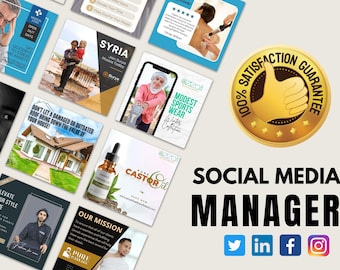 May include: A collage of social media posts promoting various services and products. The posts feature images of people, houses, and products. The text on the posts includes phrases like "Say Goodbye to Stress and Anxiety", "Don't Let a Damaged or Outdated Roof Bring Down the Value of Your House!" and "Our Mission". The collage also includes a gold seal with the text "100% Satisfaction Guarantee" and the text "Social Media Manager" with icons for Twitter, LinkedIn, Facebook, and Instagram.