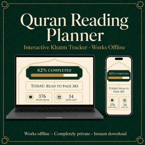 May include: A laptop and a smartphone displaying a Quran Reading Planner with an interactive Khatm tracker. The screen shows 62% completed, today's goal to read to page 383, 376 pages read, and 34 days left. The interface uses cream and dark green.
