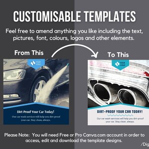 May include: A before and after image showing the difference between a dirty car and a clean car. The text reads "Dirt-Proof Your Car Today!" and "Our car wash services will help you dirt-proof your car. Stay clean, always."