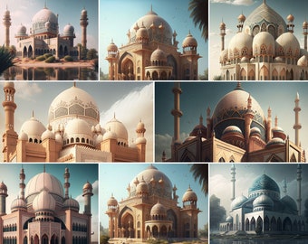 8 x AI Generated Images of Beautiful Mosques / Masjids in PNG Format | Ai Generated Masjids | Masjid Art Clipart | AI Generated Mosques