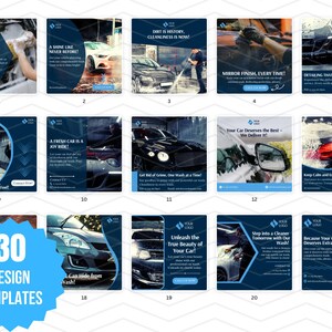 May include: A collection of 30 social media post templates for car wash businesses. The templates feature images of cars being washed, with text overlays promoting car wash services. The text includes phrases like "Splash into Cleanliness", "A Shine Like Never Before", "Get Rid of Grime", "Your Car Deserves the Best", "Unleash the True Beauty of Your Car", "Step into a Cleaner Tomorrow", and "Because Your Car Deserves Extra Care".