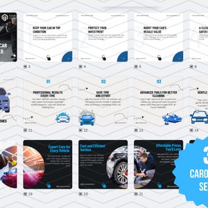 May include: A carousel of nine Instagram posts promoting a car wash service. The posts highlight the benefits of professional car washes, including keeping your car in top condition, protecting your investment, boosting resale value, and providing a cleaner and safer ride. The posts also feature images of cars being washed and detail the services offered, such as expert care for every vehicle, fast and efficient service, and affordable prices.
