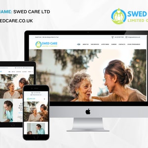 May include: A website screenshot showing a desktop computer, tablet, and smartphone displaying the website for Swed Care Limited Company. The website features a photo of two women, one older and one younger, smiling at each other. The website's navigation bar includes links to "About Us", "Our Services", "Latest News", "Careers", "Contacts", and "COVID-19 Resources".