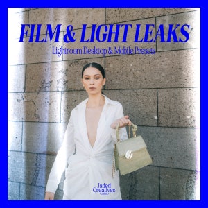 Könnte beinhalten: Eine Frau in einem weißen Hemd und einer hellgrünen Handtasche steht vor einer Backsteinmauer mit Lichteffekten. Der Text "FILM & LIGHT LEAKS" und "Lightroom Desktop & Mobile Presets" befindet sich über ihr. Der Text "Jaded Creatives" befindet sich unter ihr.