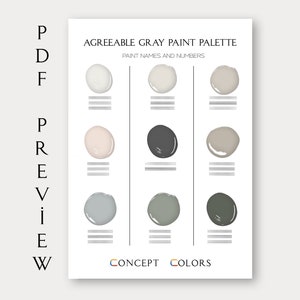 Sherwin Williams Agreeable Gray SW 7029 paint color palette with paint names and numbers, featuring Pure White SW 7005, Origami White SW 7636, Intimate White SW 6322, Peppercorn SW 7674, Anew Gray SW 7030, Samovar Silver SW 6233, Acacia Haze SW 9132, and Pewter Green SW 6208. This whole house paint guide showcases coordinating neutral paint colors, complementary home wall and trim colors, and a timeless interior house paint palette for cozy neutral homes, and relaxing whole home color schemes.