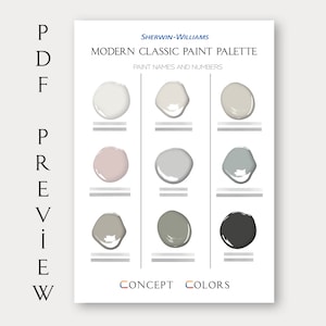 May include: A chart with nine paint color swatches from Sherwin-Williams' Modern Classic Paint Palette. The colors are arranged in three rows of three. The top row includes white, off-white, and beige. The middle row includes light pink, light gray, and light blue. The bottom row includes light brown, gray-green, and black.