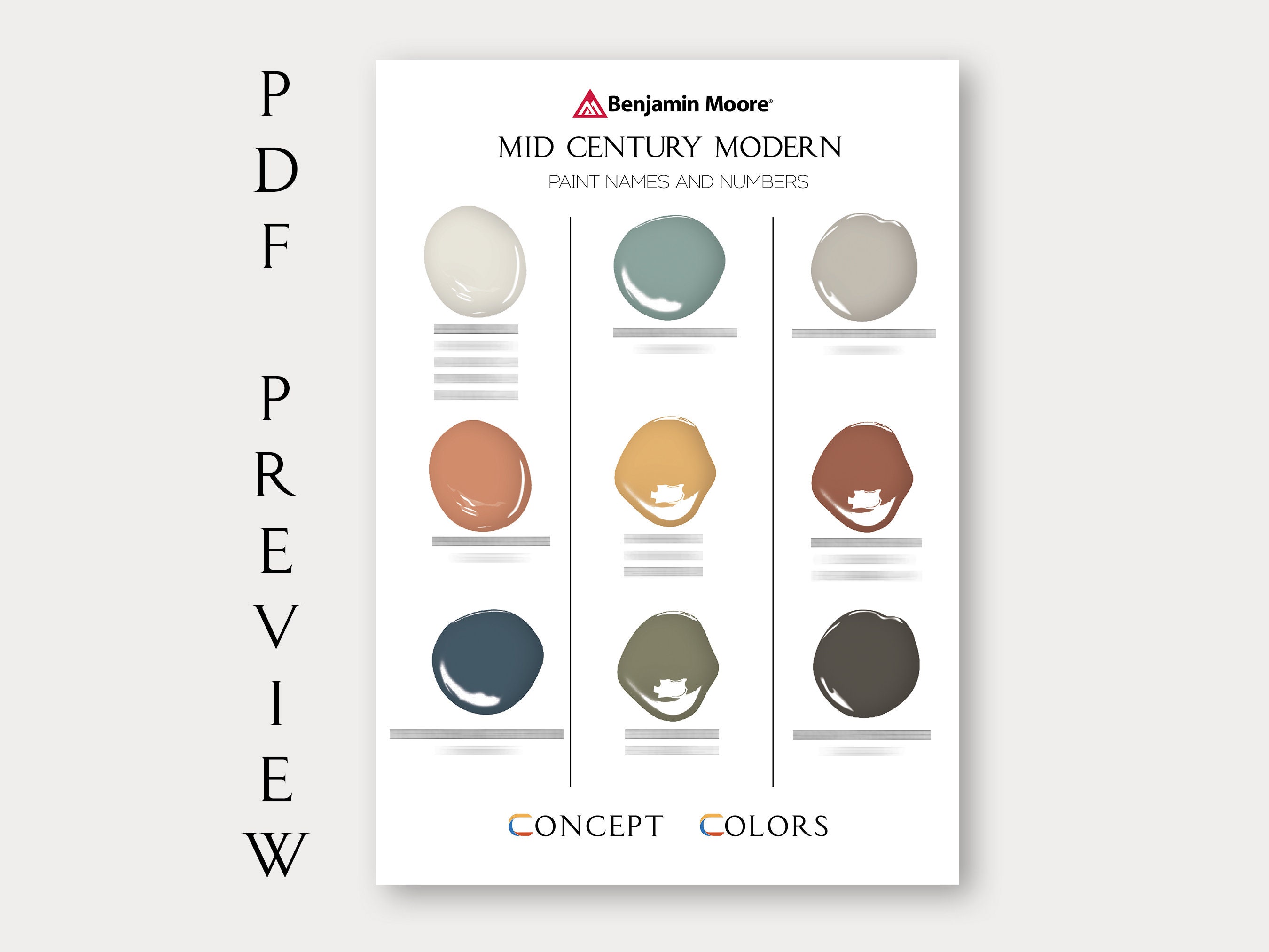 Mid Century Modern Palette, Benjamin Moore, Interior Paint Scheme, Mid