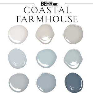 Coastal Farmhouse Paint Palette, Behr Colors, Whole House Paint Colors, Farmhouse Paint Colors, Coastal House Paint, Home Paint Selection