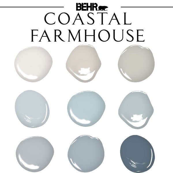 Coastal Farmhouse Paint Palette, Behr Colors, Whole House Paint Colors, Farmhouse Paint Colors, Contemporary Coastal Home Paint, Beach House
