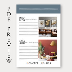 May include: A printable worksheet with two interior design concepts. The first concept features a living room with a brown sectional sofa, a coffee table, and three gold framed wall art pieces. The second concept features a living room with a red wall, a wicker sofa, and a woven pendant light. The worksheet includes the text "Competing Elements" and "Effect with Contrast".
