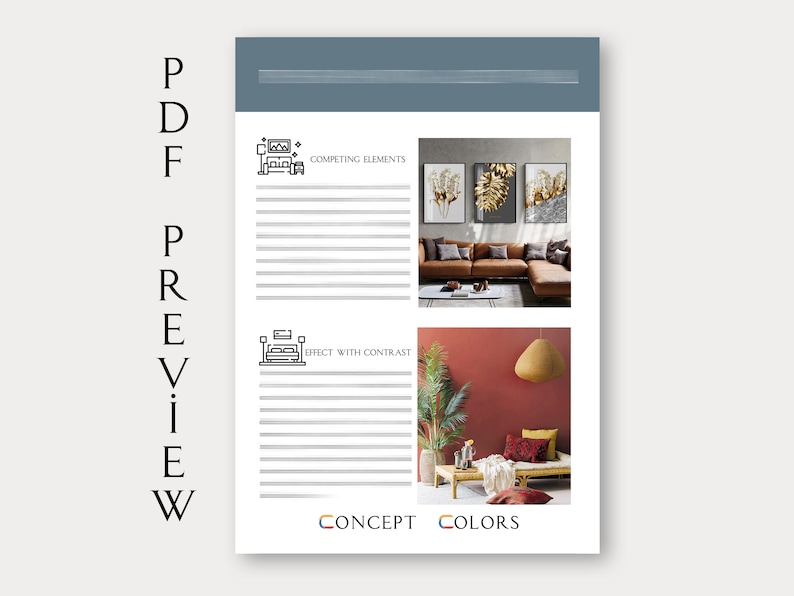 May include: A printable worksheet with two interior design concepts. The first concept features a living room with a brown sectional sofa, a coffee table, and three gold framed wall art pieces. The second concept features a living room with a red wall, a wicker sofa, and a woven pendant light. The worksheet includes the text "Competing Elements" and "Effect with Contrast".