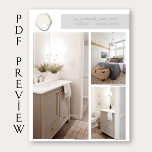 May include: A bathroom interior design inspiration featuring a light gray vanity with a white countertop and a white porcelain sink. The bathroom has a tiled floor and a white wall with a small plant in a white pot. The text "SHERWIN WILLIAMS" is visible in the top right corner of the image.