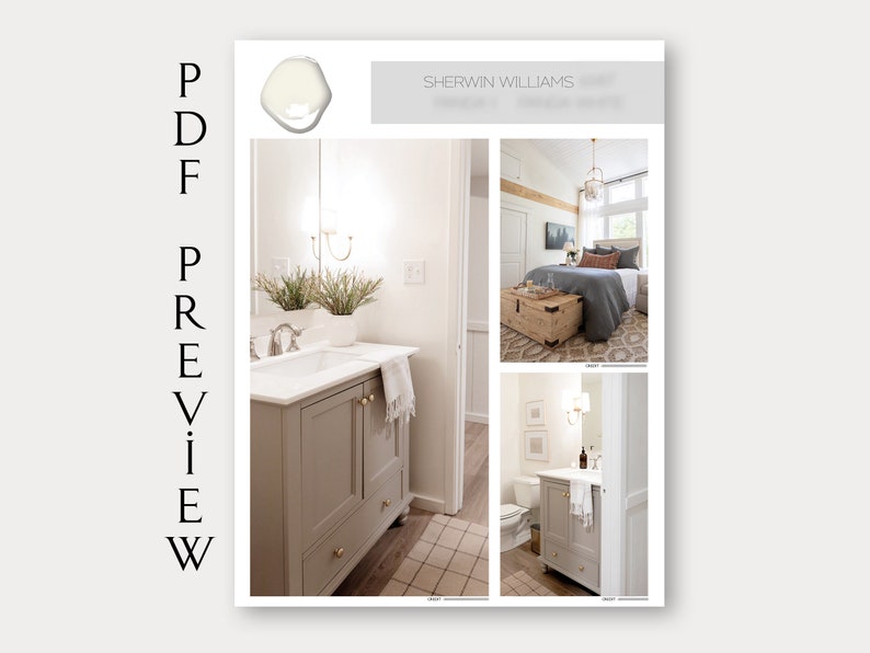 May include: A bathroom interior design inspiration featuring a light gray vanity with a white countertop and a white porcelain sink. The bathroom has a tiled floor and a white wall with a small plant in a white pot. The text "SHERWIN WILLIAMS" is visible in the top right corner of the image.