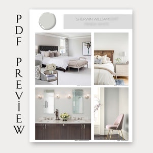 May include: A paint color swatch card with a light gray paint color named "Agreeable Gray" by Sherwin-Williams. The card shows four images of rooms painted in the Agreeable Gray color, including a bedroom, bathroom, and living room.