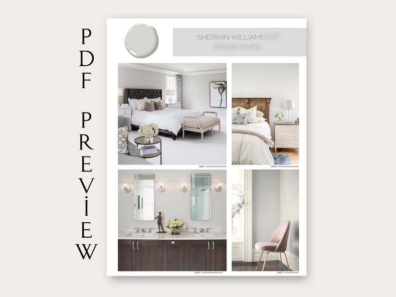 May include: A paint color swatch card with a light gray paint color named "Agreeable Gray" by Sherwin-Williams. The card shows four images of rooms painted in the Agreeable Gray color, including a bedroom, bathroom, and living room.
