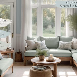 Cottagecore living room titled "Coastal Calm Wrapped in Rural Grace," featuring an SW 2863 Powder Blue sectional sofa with patterned throw pillows, a large window, a coffee table, and a side table. This Sherwin Williams Cottagecore color palette blends Powder Blue with soft neutrals for a coastal-meets-countryside living space.