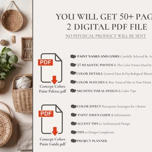 A digital Sherwin Williams Cottagecore home paint guide featuring two downloadable PDF files with over 50 pages of architect-selected paint colors, including SW 6554 Lite Lavender, SW 6023 Insightful Rose, and SW 6218 Tradewind, plus coordinating color palettes, paint names and codes, color psychology, a paint sheen guide, and a whole house paint project planner. Designed to help create a soft, romantic Cottagecore aesthetic with cohesive interior color schemes.