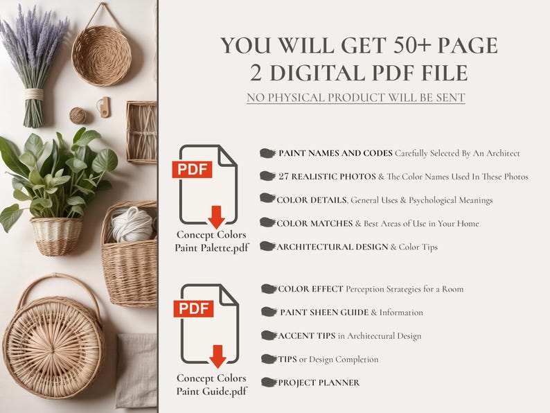 A digital Sherwin Williams Cottagecore home paint guide featuring two downloadable PDF files with over 50 pages of architect-selected paint colors, including SW 6554 Lite Lavender, SW 6023 Insightful Rose, and SW 6218 Tradewind, plus coordinating color palettes, paint names and codes, color psychology, a paint sheen guide, and a whole house paint project planner. Designed to help create a soft, romantic Cottagecore aesthetic with cohesive interior color schemes.