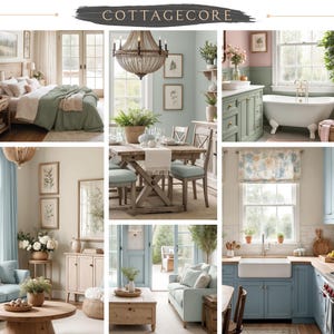 Cottagecore interior design collage featuring a bedroom styled in SW 6186 Dried Thyme, a dining room with a wood table, a bathroom with a clawfoot tub, and a kitchen with SW 6218 Tradewind cabinets. This Sherwin Williams whole house color scheme blends soft blues, greens, and neutrals for a romantic, countryside cottagecore aesthetic.