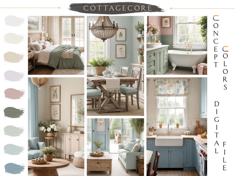 Cottagecore interior design collage featuring a bedroom styled in SW 6186 Dried Thyme, a dining room with a wood table, a bathroom with a clawfoot tub, and a kitchen with SW 6218 Tradewind cabinets. This Sherwin Williams whole house color scheme blends soft blues, greens, and neutrals for a romantic, countryside cottagecore aesthetic.