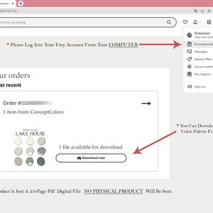 May include: Screenshot of an Etsy order confirmation page showing a digital download of a color palette for a home interior design project. The color palette is called "Lake House" and includes a variety of neutral colors. The download button is highlighted in red.