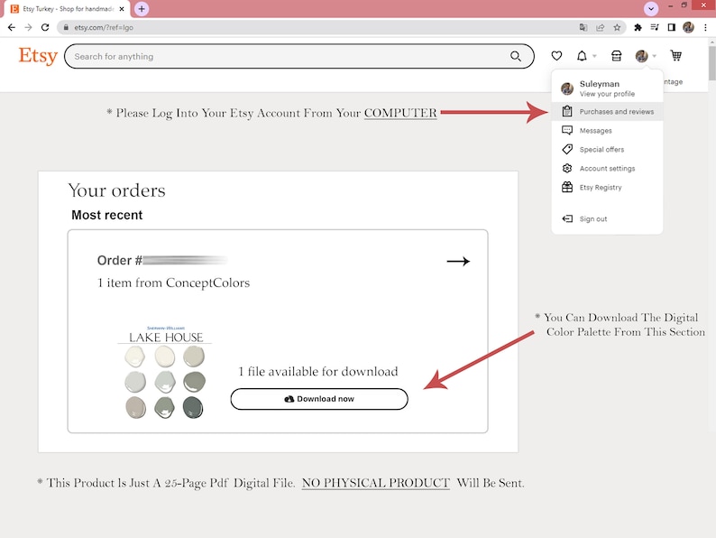 May include: Screenshot of an Etsy order confirmation page showing a digital download of a color palette for a home interior design project. The color palette is called "Lake House" and includes a variety of neutral colors. The download button is highlighted in red.