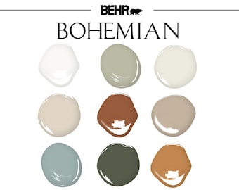 Bohemian Home Paint Palette, Behr, Complementary  Whole House Paint Colors, Boho Color Palette, Boho Minimalist Paint Colors, Concept Colors