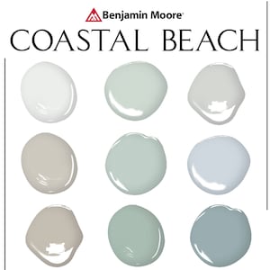 Coastal Beach Paint Palette, Benjamin Moore, Beach Review, Coastal Palette, Whole House Paint Palette, Home Paint Colors, Wythe Blue Colors
