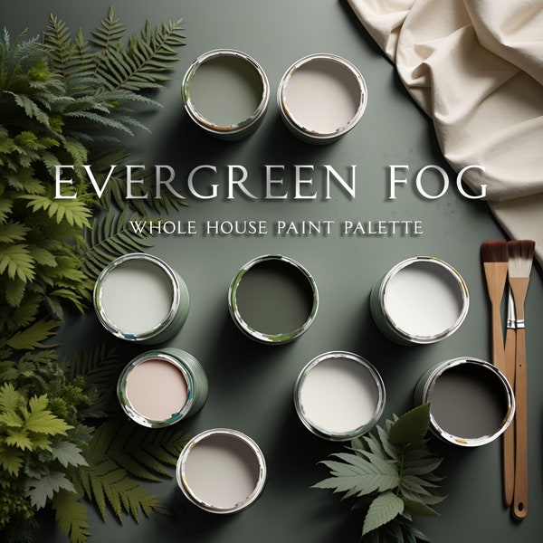 Sherwin Williams, Evergreen Fog Paint, Evergreen Fog Palette, Whole House Palette, Paint Color Palette, Sw 9130, House Painting Guide