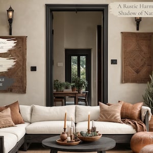 K&ouml;nnte beinhalten: Ein wei&szlig;es Ecksofa mit braunen Kissen in einem Wohnzimmer mit einem gro&szlig;en Fenster, einem braunen Teppich und einem Couchtisch mit Kerzen und einem Tablett. Die W&auml;nde sind in einem hellen Beige gestrichen und an der Wand h&auml;ngt eine braune Wandteppich. Der Text "A Rustic Harmony in the Shadow of Natural Light" ist an der Wand geschrieben.