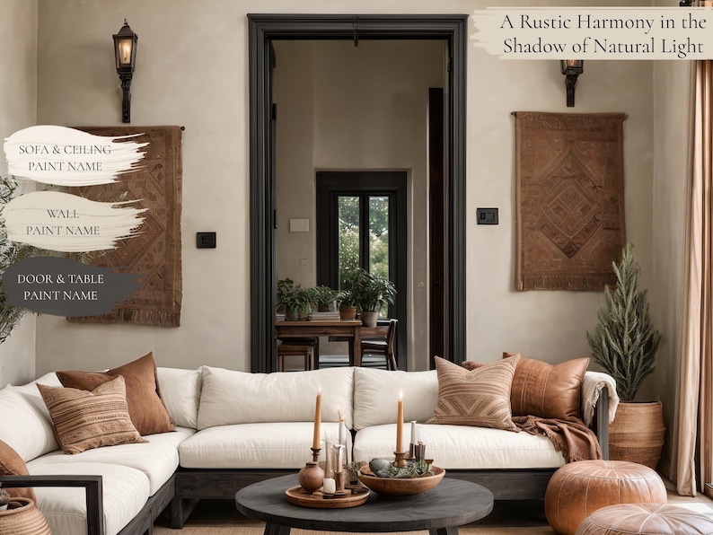 K&ouml;nnte beinhalten: Ein wei&szlig;es Ecksofa mit braunen Kissen in einem Wohnzimmer mit einem gro&szlig;en Fenster, einem braunen Teppich und einem Couchtisch mit Kerzen und einem Tablett. Die W&auml;nde sind in einem hellen Beige gestrichen und an der Wand h&auml;ngt eine braune Wandteppich. Der Text "A Rustic Harmony in the Shadow of Natural Light" ist an der Wand geschrieben.