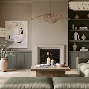 May include: A living room with a neutral color palette, featuring a sofa, ottoman, and built-in shelving. The room includes a fireplace, artwork, and a woven light fixture. The text in the image says "An Earthy Elegance In Organic Balance."