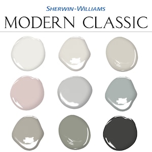 May include: Nine paint color swatches in a grid pattern. The colors are white, light gray, beige, light pink, gray, light blue, gray, green, and black.