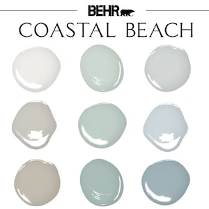 Coastal Beach Paint Palette, Behr, Beach House Review, Coastal Palette, Whole House Paint Colors, Home Wall Trim Cabinet Colors, Dolphin Fin