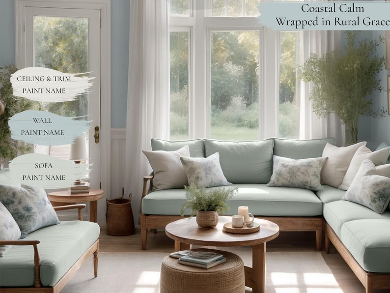 Pu&ograve; includere: Un divano angolare blu chiaro con cuscini decorativi a motivi bianchi e blu in un soggiorno con una parete blu chiaro e tende bianche. Il divano &egrave; in legno e ha un tavolino da caff&egrave; in legno chiaro di fronte a lui. Il tavolino ha una piccola pianta in vaso e una candela sopra. C'&egrave; un piccolo pouf davanti al tavolino da caff&egrave;. Il testo "Coastal Calm Wrapped in Rural Grace" &egrave; visibile nell'angolo in alto a destra dell'immagine.