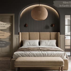 May include: A bedroom scene with a beige upholstered bed, bench, and headboard. The bed is made with white bedding and a brown throw. The walls are dark gray, and the room features a large woven pendant light and a glass door. Text reads "Silent Elegance In Earth's Deep Tones."
