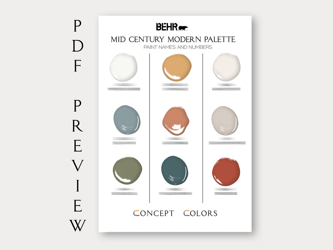 Behr Mid Century Modern Palette, Interior Paint Scheme, Mid Century