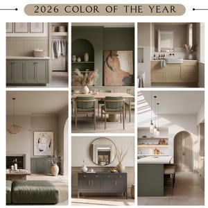 May include: A digital file showcasing interior design concepts for 2026, featuring a palette of neutral colors. The image includes various room settings, such as kitchens, living rooms, and dining areas, with furniture and decor in shades of green, beige, and gray.