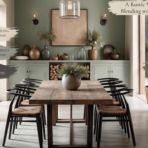 K&ouml;nnte beinhalten: Ein Esszimmer mit einem Holztisch und St&uuml;hlen, einer gr&uuml;nen Wand und einem gerahmten Bild &uuml;ber dem Tisch. Der Text "A Rustic Whisper Blending with Nature" wird &uuml;ber dem Bild angezeigt.